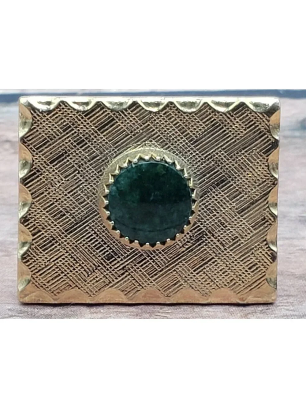 VTG  Mid Century Gold Tone Rectangle Cufflinks Green Natural Stone Engine Turned